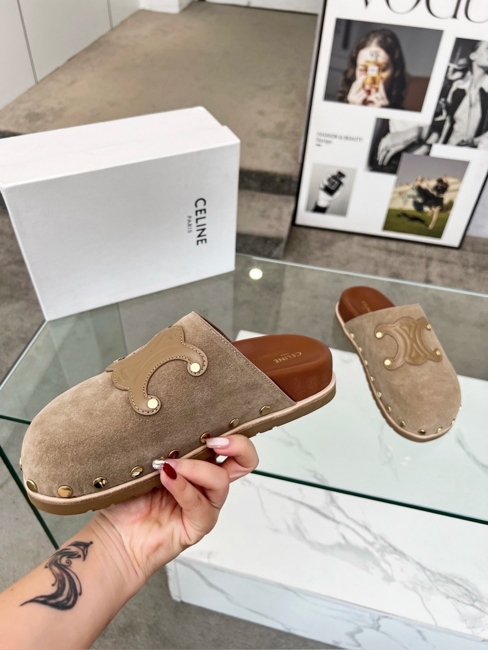 CELINE NWT Tan Suede Mules